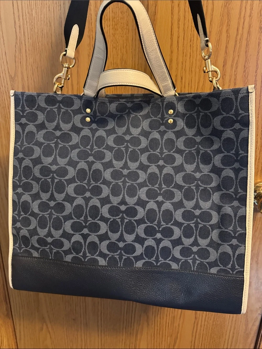 Coach Dempsey Navy Signature Denim Tote with Cream Leather Patch and Trim